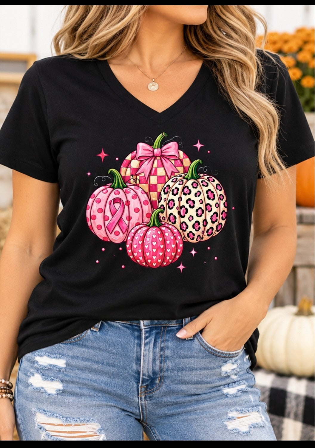 Pink Pumpkin Breast Cancer Awareness V-Neck T-Shirt | Fall Graphic Tee
