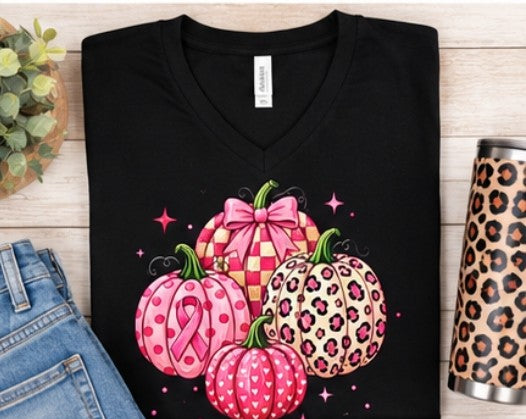Pink Pumpkin Breast Cancer Awareness V-Neck T-Shirt | Fall Graphic Tee