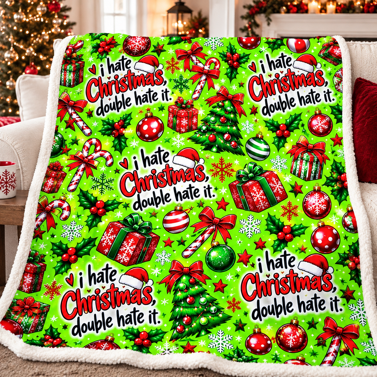 Funny I Hate Christmas Sherpa Fleece Blanket | Sarcastic Holiday Throw