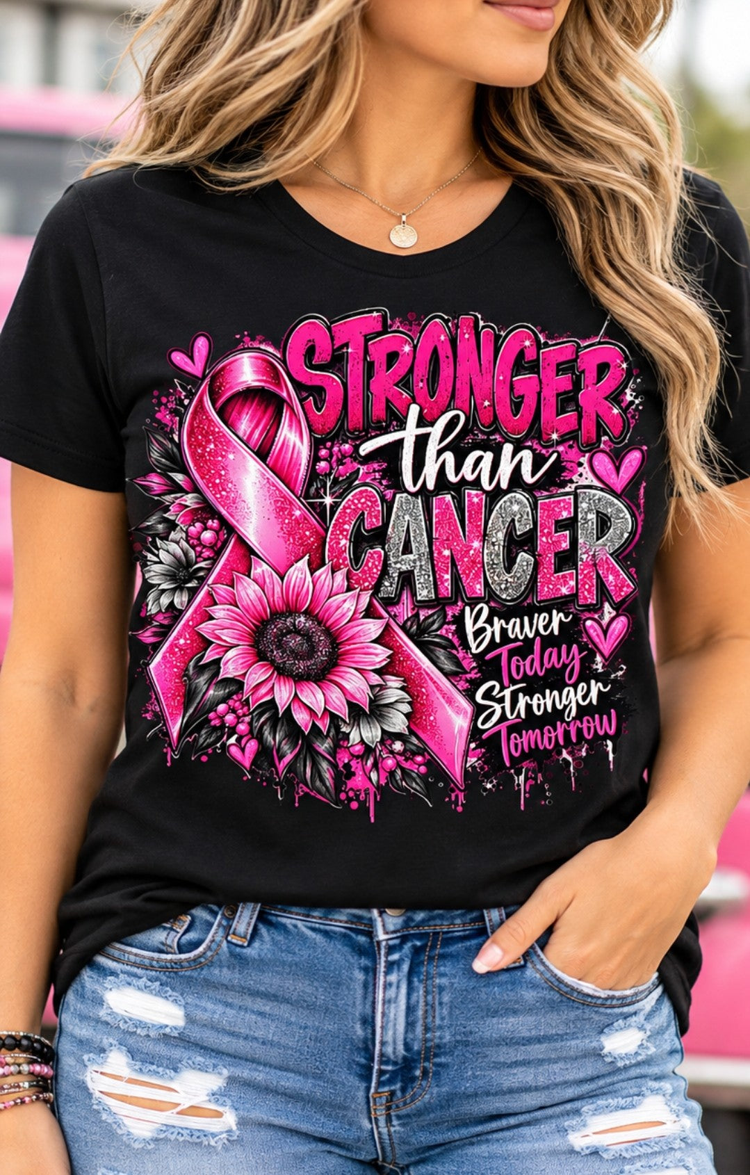 Stronger Than Cancer Breast Cancer Awareness T-Shirt | Pink Ribbon Graphic Tee