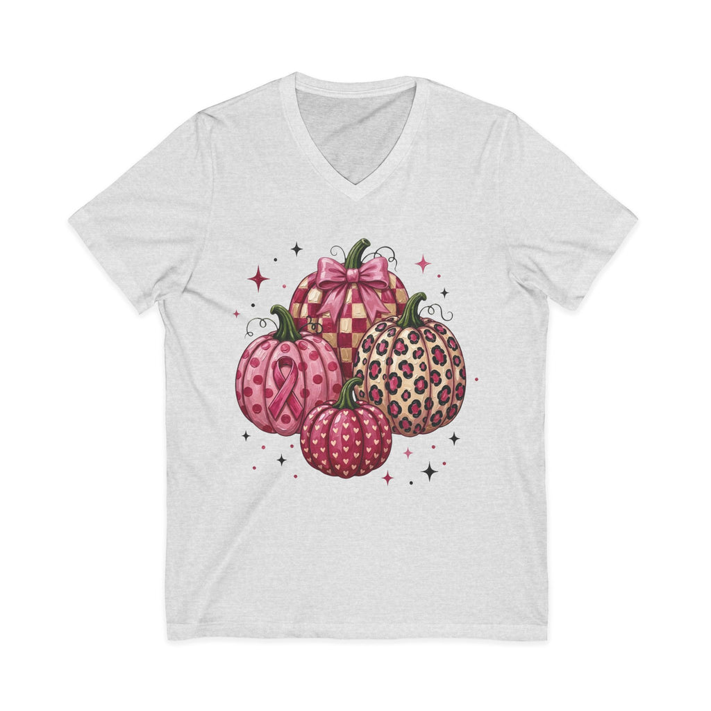 Pink Pumpkin Breast Cancer Awareness V-Neck T-Shirt | Fall Graphic Tee